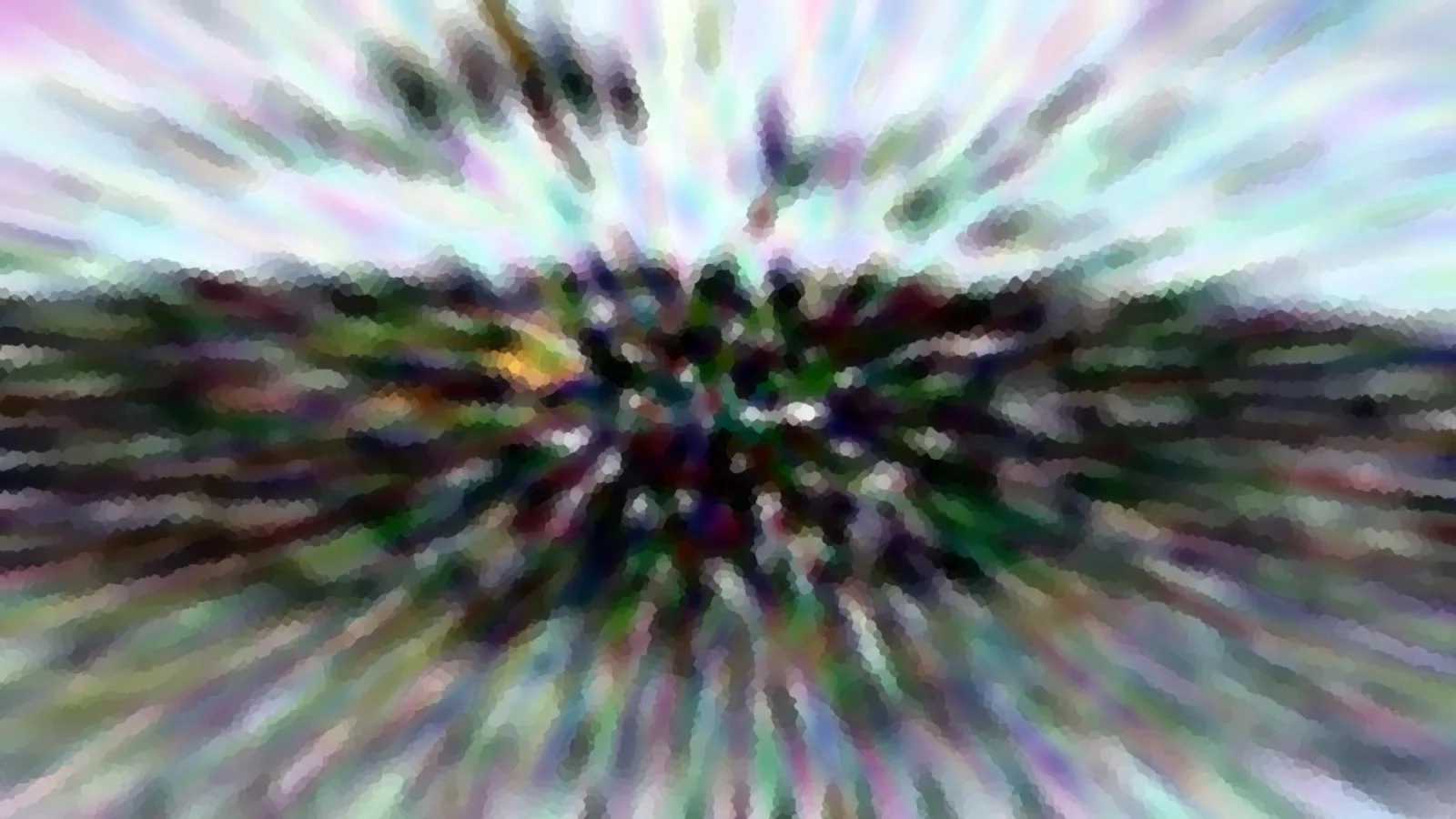 Radial verwischte Farbstreifen in Mint, Rosa und Lila, im Zentrum ein dunkler Fleck aus Grün und Violett, mosaikartig pixelig.