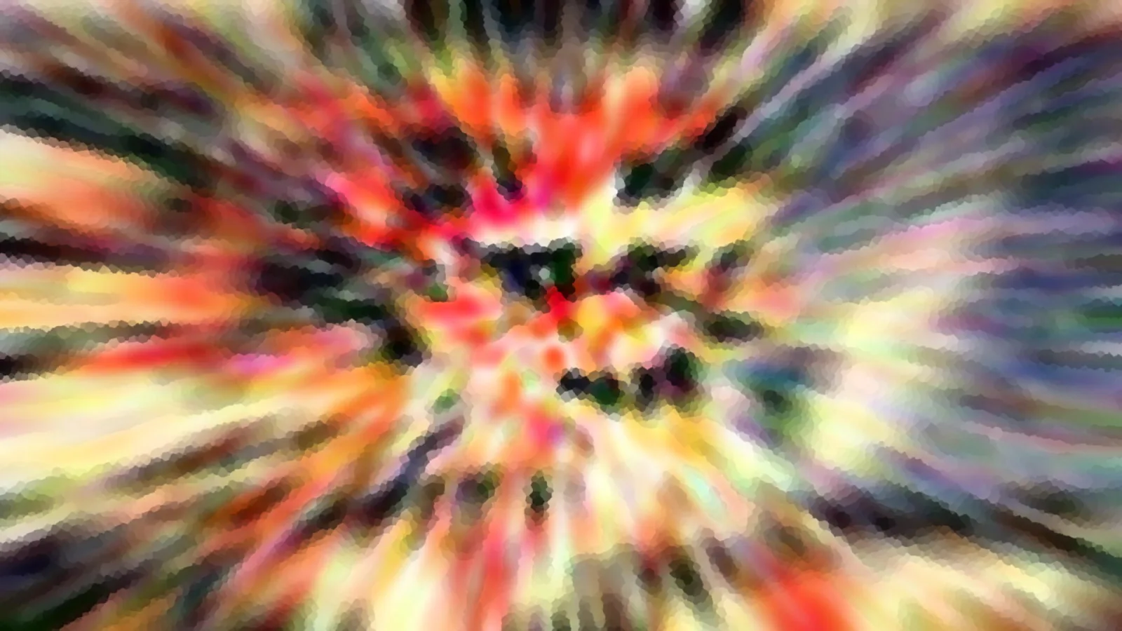 Abstrakte Komposition aus radial von der Mitte nach außen laufenden Schlieren in Rot, Gelb, Grün und Violett, mit dunklen Streifen und pixeligem Raster.