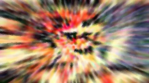 Abstrakte Komposition aus radial von der Mitte nach außen laufenden Schlieren in Rot, Gelb, Grün und Violett, mit dunklen Streifen und pixeligem Raster.