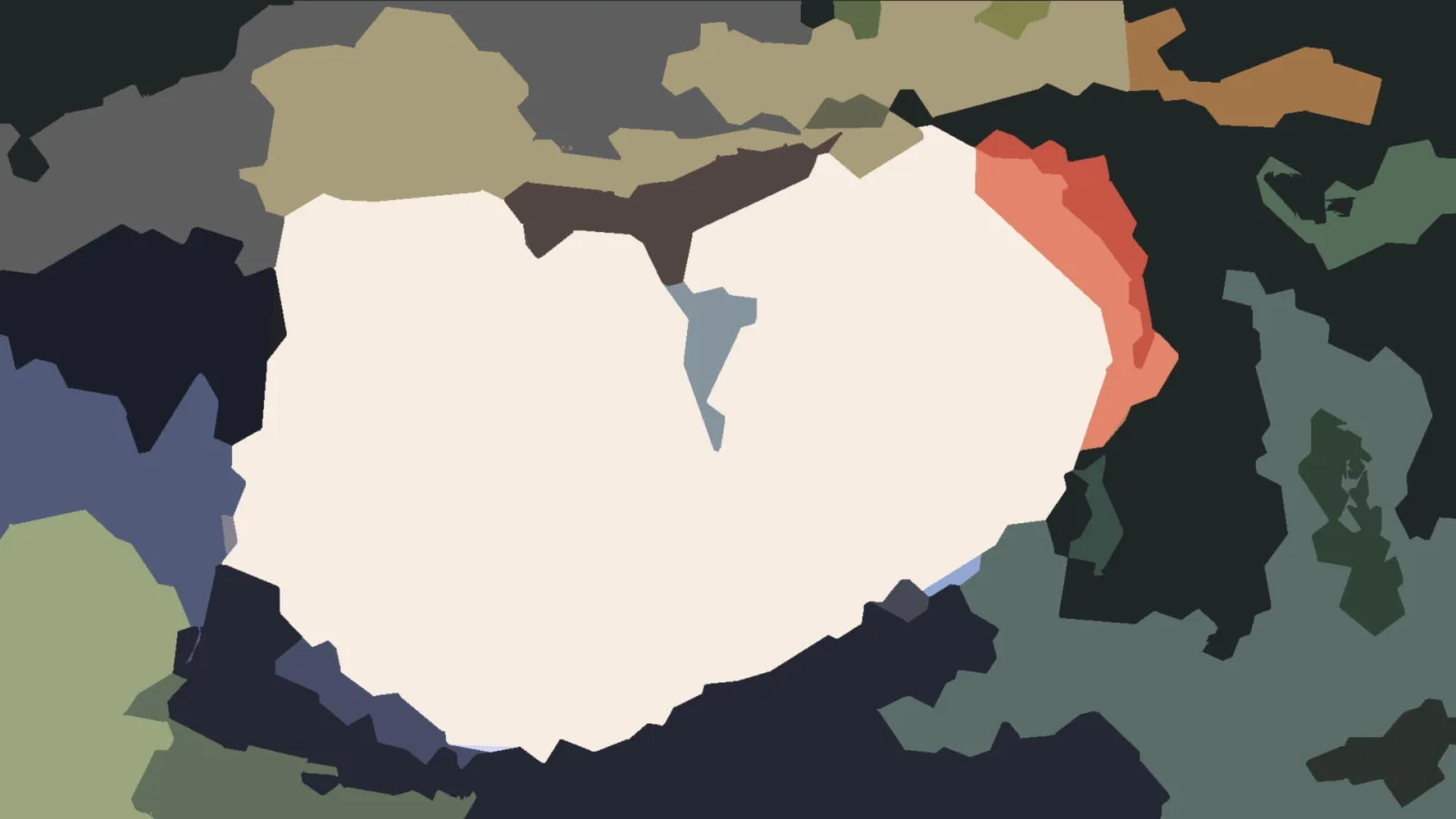 Abstraktes Bild aus unregelmäßigen Farbflächen in Creme, Oliv, Khaki, Dunkelblau, Rot und Grün, im Zentrum eine große helle Fläche.