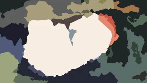 Abstraktes Bild aus unregelmäßigen Farbflächen in Creme, Oliv, Khaki, Dunkelblau, Rot und Grün, im Zentrum eine große helle Fläche.