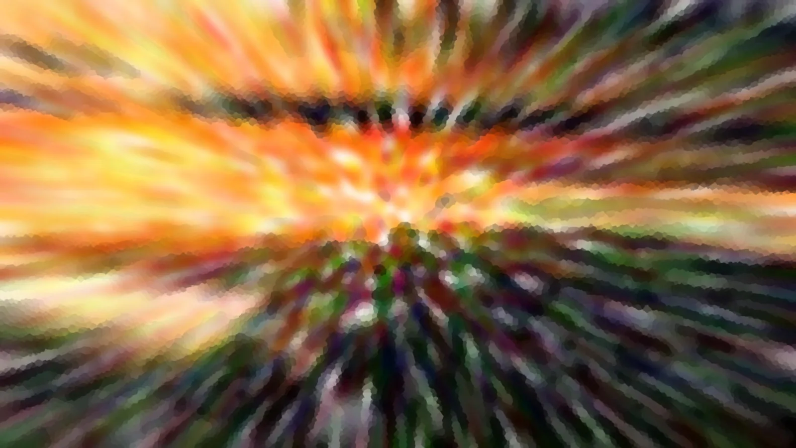 Abstraktes Bild mit radial von der Mitte nach außen laufenden Streifen in Orange, Gelb, Grün und Dunkelblau, körnig pixelig verwischt.