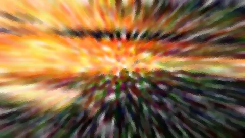 Abstraktes Bild mit radial von der Mitte nach außen laufenden Streifen in Orange, Gelb, Grün und Dunkelblau, körnig pixelig verwischt.
