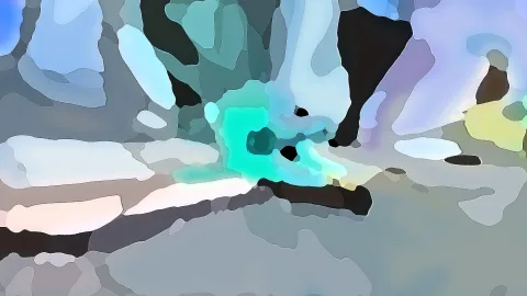 Abstrakte Komposition aus türkisfarbenen, blauen, grauen und schwarzen Flächen mit weichen, kantigen Formen