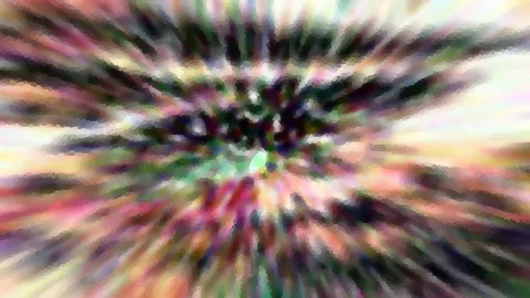 Abstrakte Komposition aus bunten Farbstreifen, die von einem dunkleren Zentrum radial nach außen strahlen, mit grobkörniger Pixelstruktur.