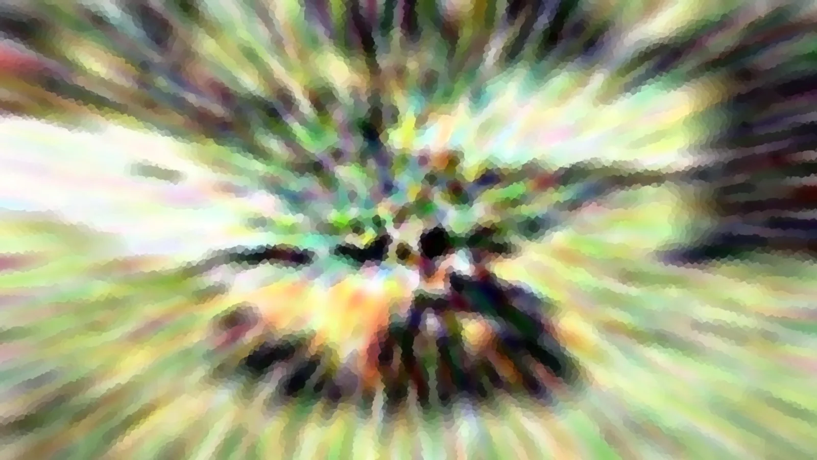Abstrakte Komposition aus radial angeordneten, verwischten Farbstreifen in Grün, Gelb, Weiß und Dunkelbraun, die vom Zentrum nach außen strahlen.