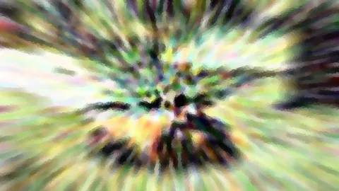 Abstrakte Komposition aus radial angeordneten, verwischten Farbstreifen in Grün, Gelb, Weiß und Dunkelbraun, die vom Zentrum nach außen strahlen.