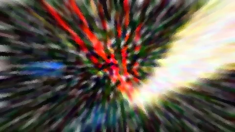 Abstrakte Komposition aus radial von einem Zentrum ausstrahlenden Streifen in Rot, Grün, Weiß und Gelb, dazu ein blauer Fleck links.