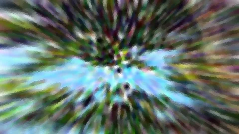 Abstrakte Komposition aus bunten Streifen, die von einem hellblauen Zentrum radial nach außen strahlen, in Grün-, Violett- und Weißtönen.