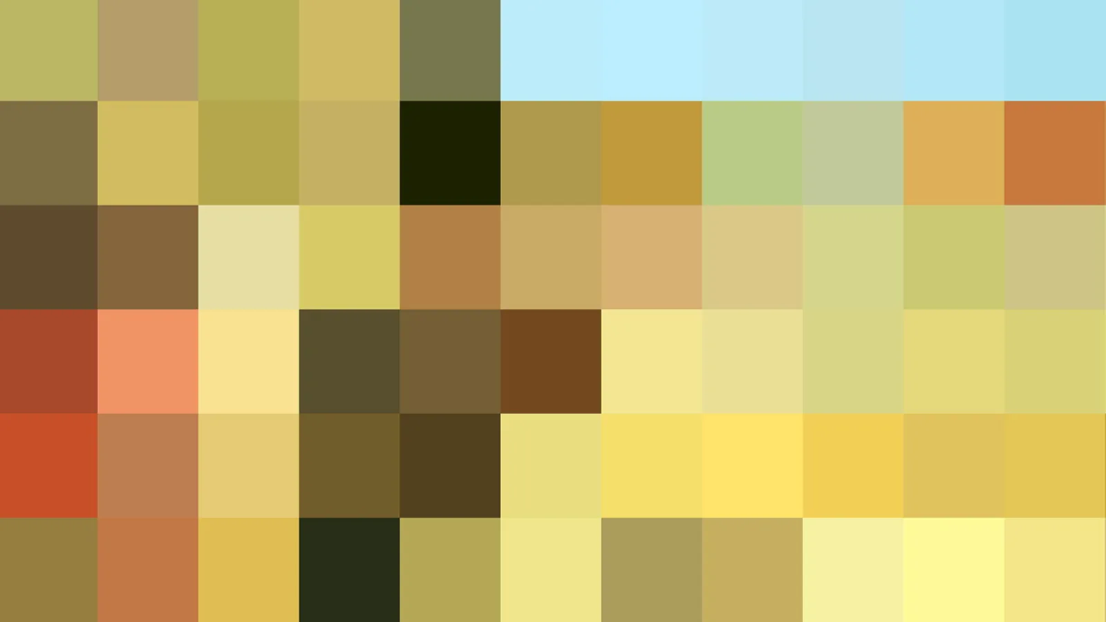 Pixeliges Mosaik aus warmen Gelb-, Braun- und Orangetönen, oben rechts hellblauer Streifen