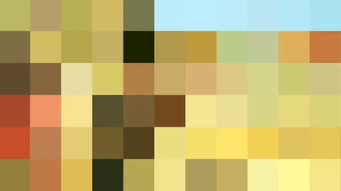 Pixeliges Mosaik aus warmen Gelb-, Braun- und Orangetönen, oben rechts hellblauer Streifen