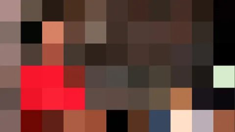 Pixeliges Mosaik aus roten, braunen und schwarzen Farbfeldern, dazu ein helles Grünweiß und ein Blaugrau in der unteren Hälfte.
