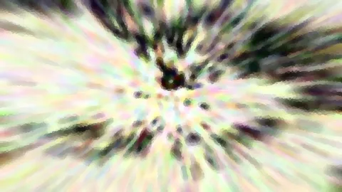 Abstraktes Bild mit pastellfarbenen Streifen, die von einem dunklen Zentrum radial nach außen laufen, mit körniger Mosaikstruktur.