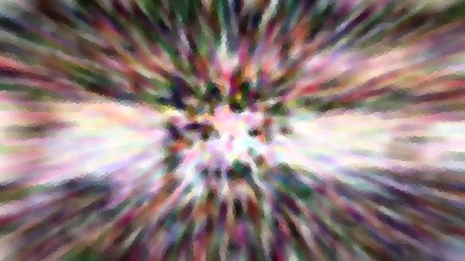 Abstraktes Bild mit bunten, pixeligen Streifen, die strahlenförmig von einem hellen Zentrum nach außen laufen.