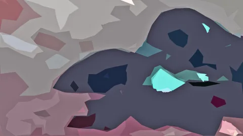 Abstrakte Komposition aus kantigen Flächen in Grau, Mauve und Dunkelblau, mit türkisfarbenen Akzenten in der Bildmitte.
