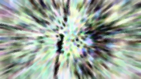 Abstrakte, radial verwischte Komposition aus Pastellgrün, Lila und Weiß mit einer dunklen, senkrechten Form in der Bildmitte.