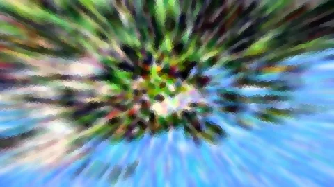Abstrakte Komposition mit radial auseinanderlaufenden Streifen in Grün, Blau und Weiß, im Zentrum ein dichtes grünes Gewirr aus Pixeln.