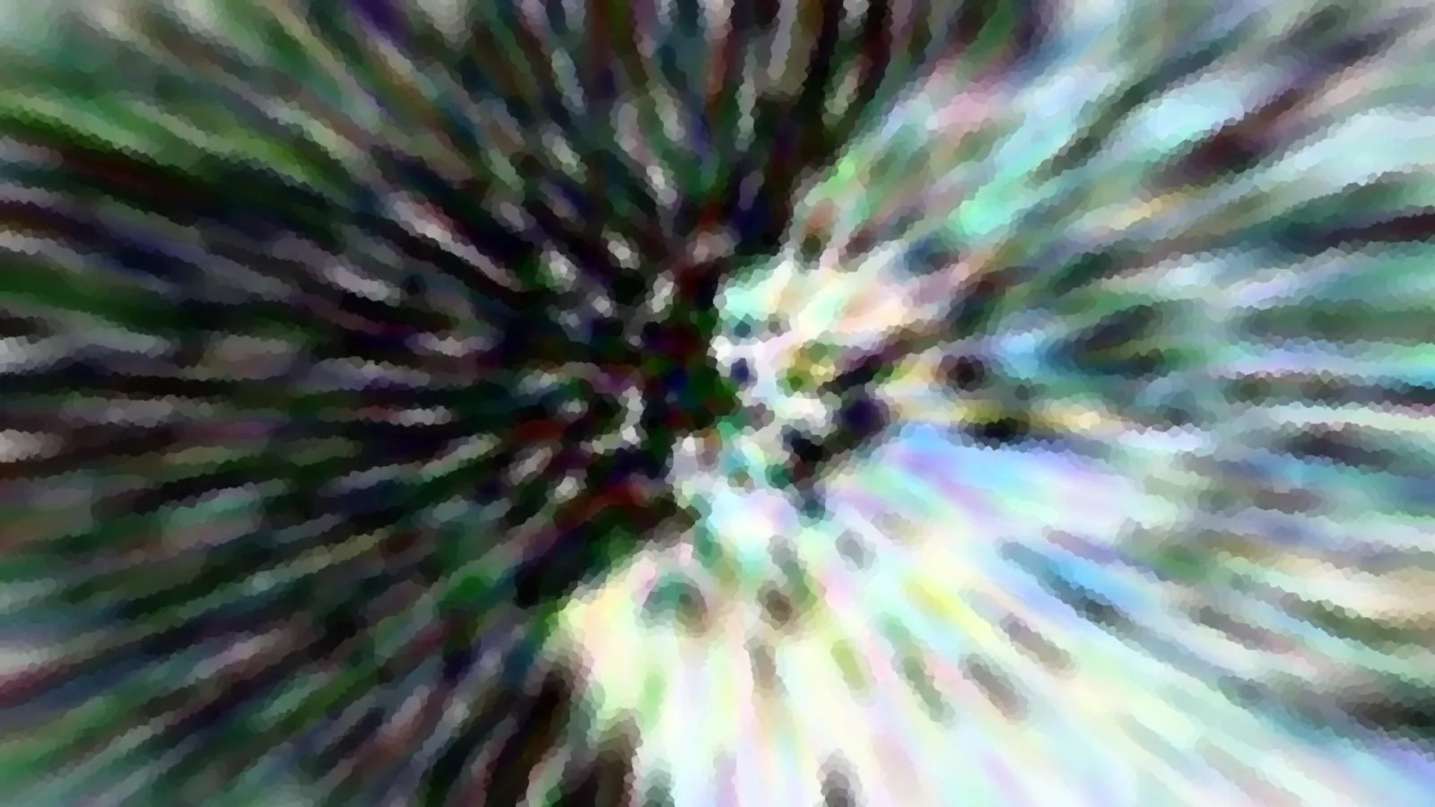 Abstrakte Komposition aus radial von einem dunklen Zentrum ausgehenden, verwischten Streifen in Grün, Violett und Weiß.
