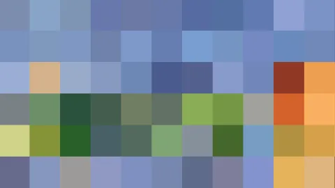 Mosaik aus quadratischen Farbfeldern in Blau, Grün, Gelb und Orange, in sechs Reihen angeordnet.