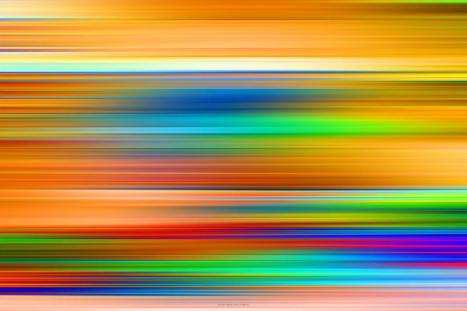Abstrakte Komposition aus horizontal verwischten Streifen in Orange, Gelb, Blau, Grün und Rot, die sich über die gesamte Bildfläche ziehen.