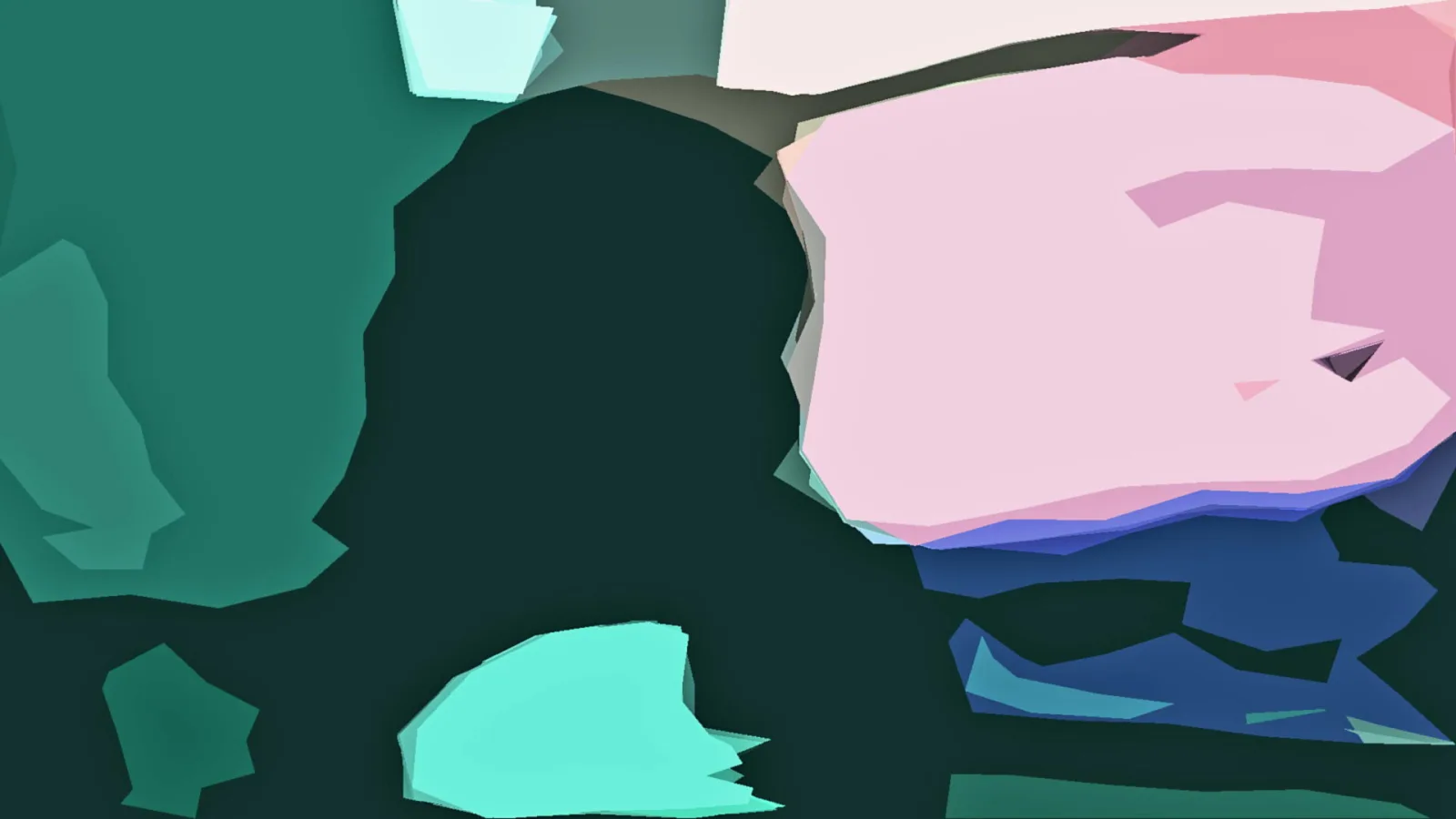 Abstrakte Komposition aus flachen, kantigen Formen in Petrol, Rosa, Mint und Blau auf dunklem Grund.