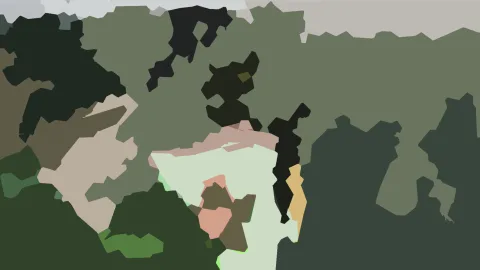 Abstraktes Bild aus flachen, unregelmäßig geformten Farbflächen in Grün, Schwarz, Rosa und Beige