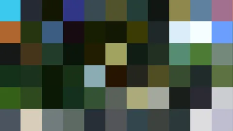 Raster aus farbigen Quadraten in Blau, Grün, Ocker, Rosa und Dunkelgrau
