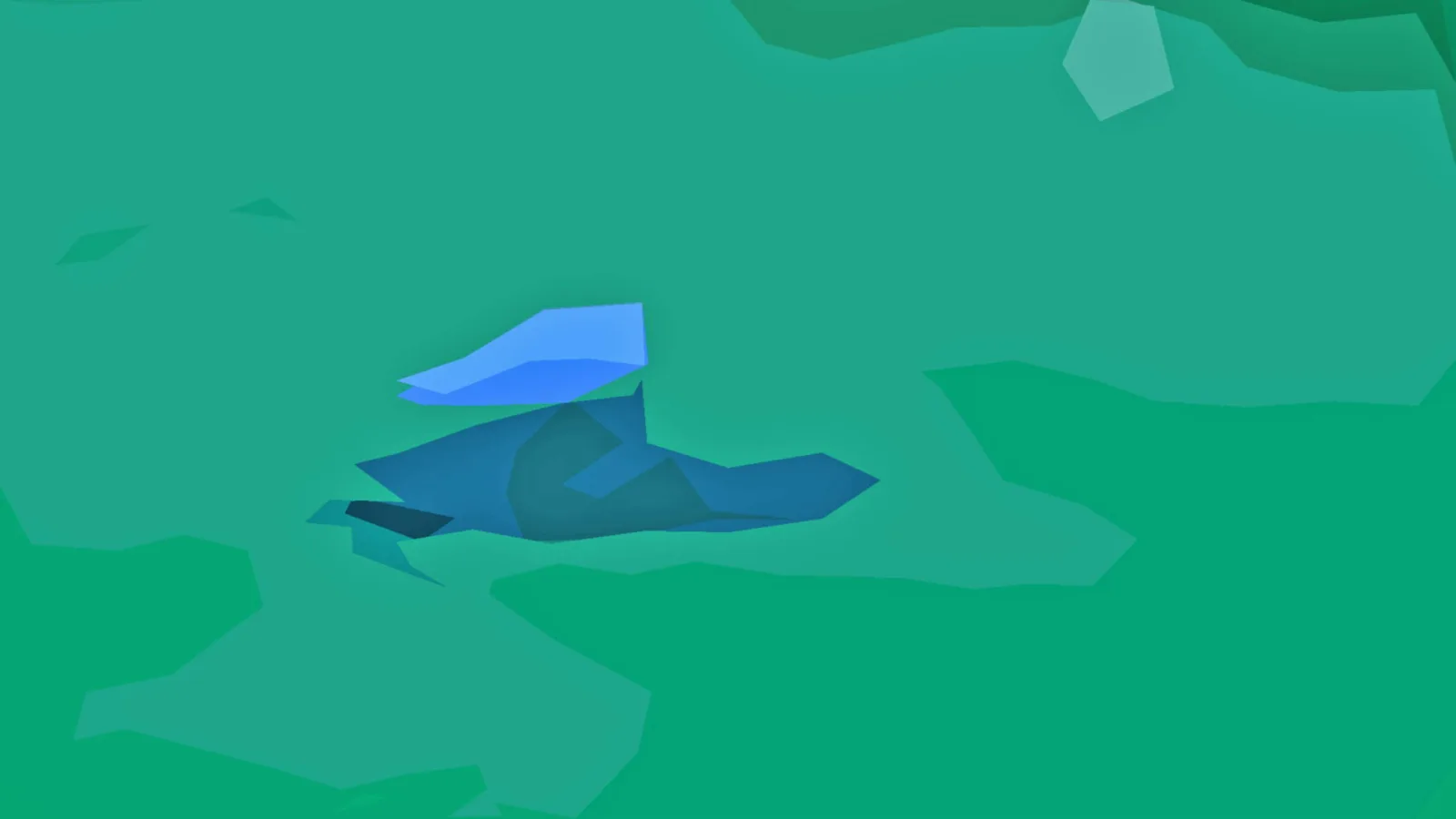 Abstrakte Low-Poly-Komposition in Grün mit blauen Facetten im Zentrum.