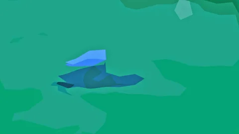 Abstrakte Low-Poly-Komposition in Grün mit blauen Facetten im Zentrum.