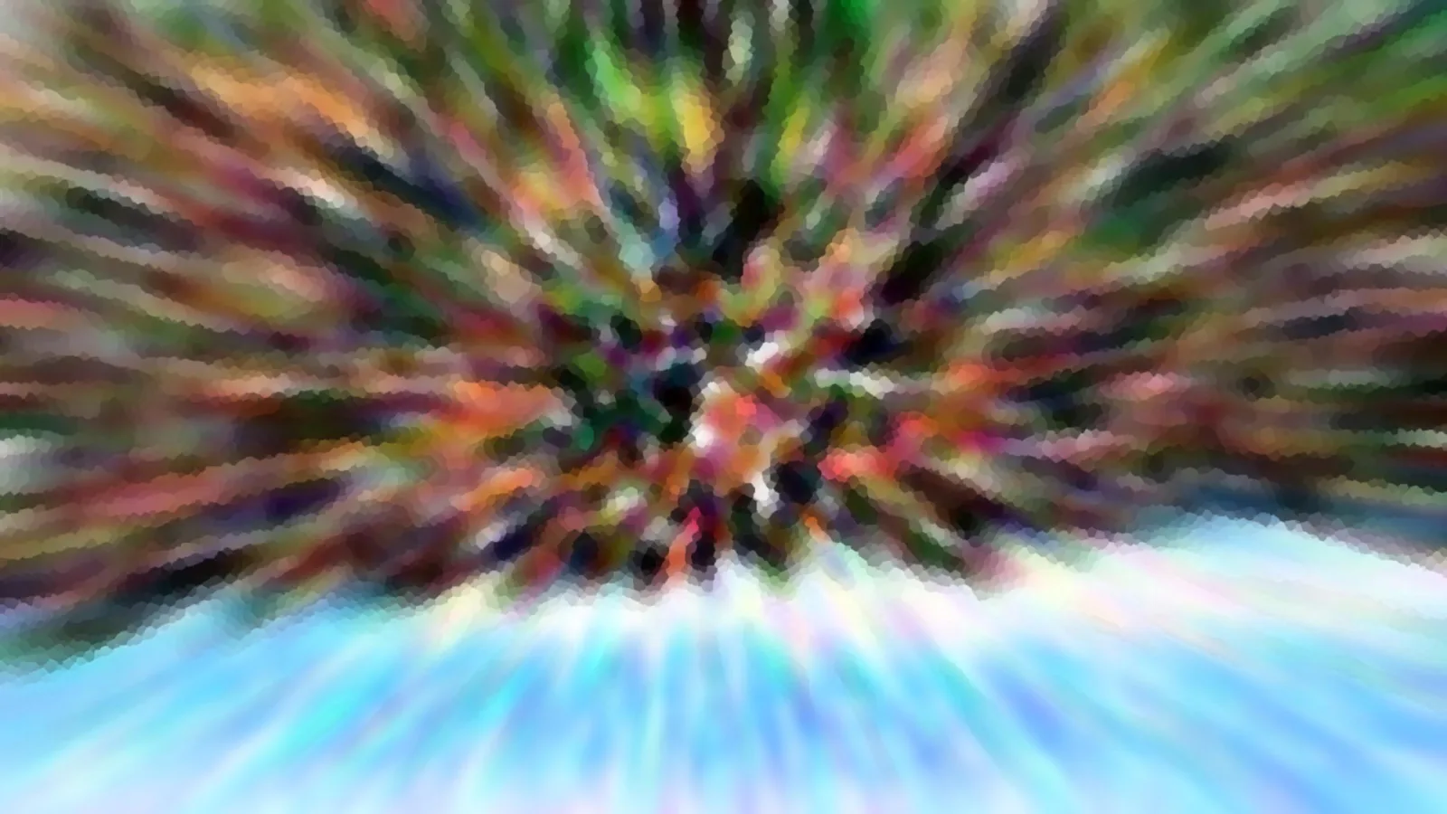 Abstraktes Bild mit einem farbigen, radialen Strahlenmuster aus verwischten Pinselstrichen und pixeligen Flächen, das von einem dunklen Zentrum nach außen ausstrahlt. Unten geht es in helle Blau- und Weißtöne über.