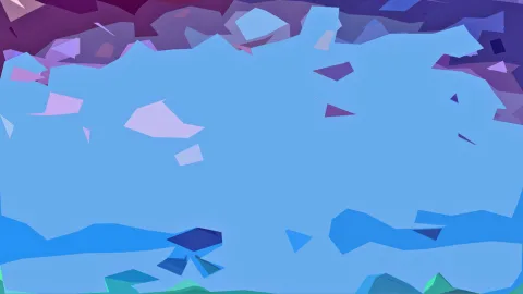 Abstrakte Komposition aus flachen, kantigen Formen in Blau, Violett und Türkis, mit einer großen hellblauen Fläche in der Mitte.