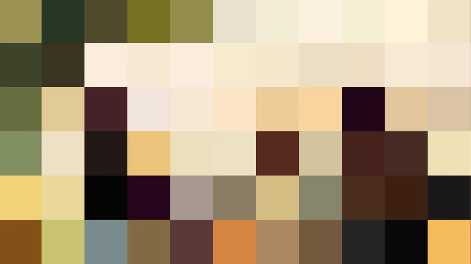 Mosaik aus quadratischen Farbfeldern in Olivgrün, Creme, Braun und Schwarz, in einem gleichmäßigen Raster angeordnet.