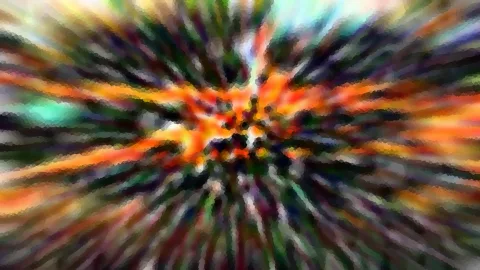 Abstrakte Komposition aus radial von der Mitte nach außen laufenden Streifen in Orange, Grün und Dunkelblau, mosaikartig gepixelt.