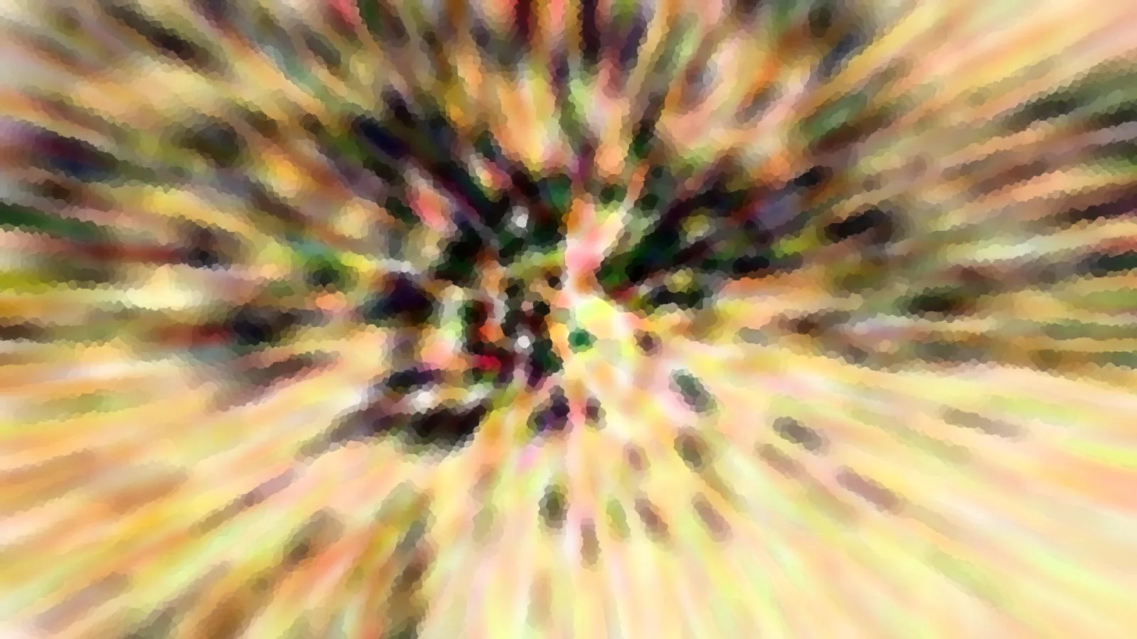 Abstraktes Bild mit radial von einem dunklen Zentrum nach außen laufenden, verwischten Streifen in Gelb, Grün, Rosa und Dunkelbraun.