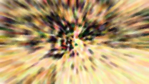 Abstraktes Bild mit radial von einem dunklen Zentrum nach außen laufenden, verwischten Streifen in Gelb, Grün, Rosa und Dunkelbraun.