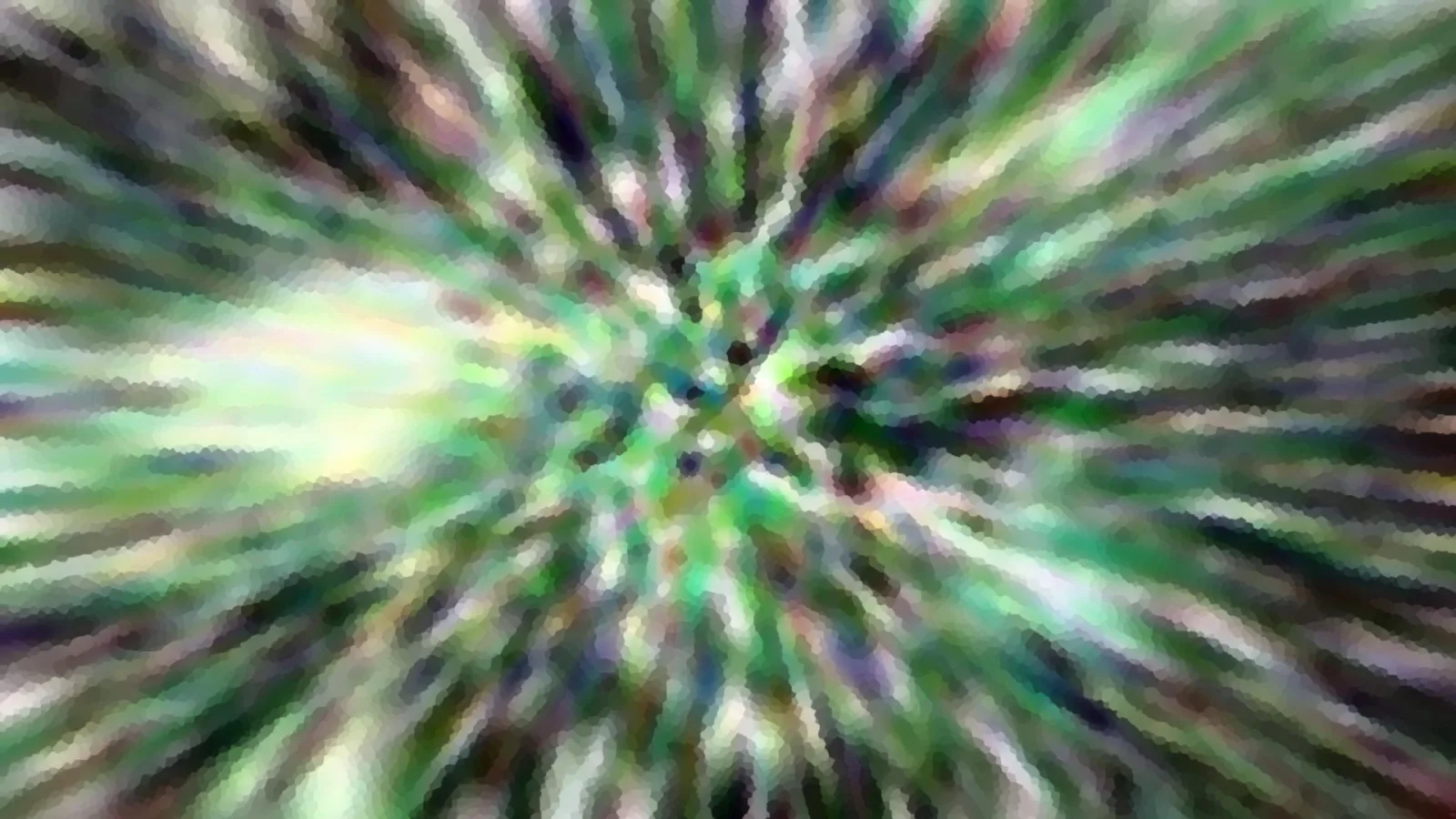Abstrakte Komposition aus grünen, weißen und violetten Streifen, die radial von einem hellen Zentrum nach außen verlaufen.