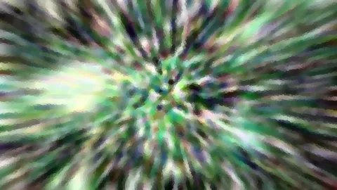 Abstrakte Komposition aus grünen, weißen und violetten Streifen, die radial von einem hellen Zentrum nach außen verlaufen.