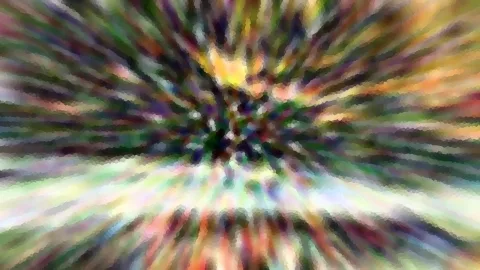 Abstraktes Bild mit radial von der Mitte nach außen laufenden Farbstrahlen in Grün, Gelb, Violett und Orange, mosaikartig pixelig.