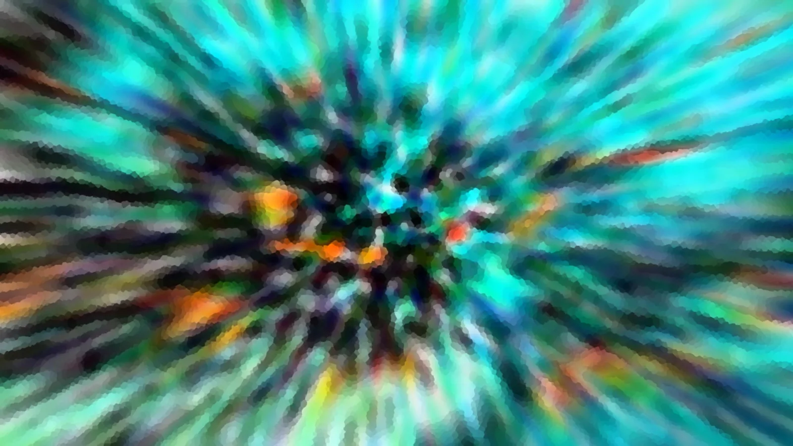 Abstrakte Komposition mit radial von der Mitte nach außen laufenden Streifen in Türkis, Blau und Grün, durchsetzt mit orangefarbenen Akzenten.
