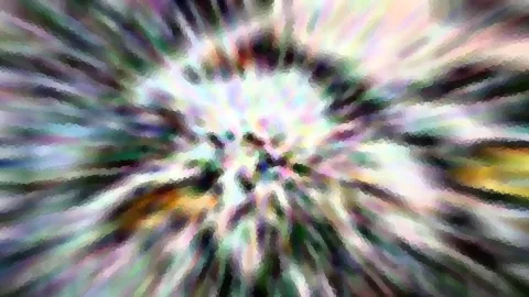Abstraktes Bild mit radial nach außen gezogenen Farbschlieren in Pastelltönen um einen hellen Mittelpunkt, überzogen von einem groben Mosaikraster.