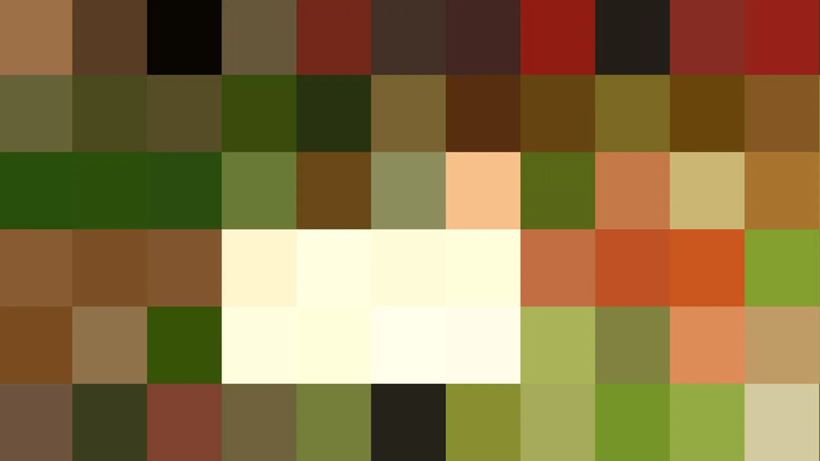 Pixelmosaik aus farbigen Blöcken in Grün-, Braun-, Creme- und Orangetönen, in Reihen angeordnet
