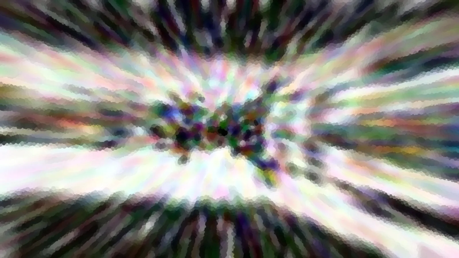 Abstraktes Bild mit farbigen, radial von der Mitte nach außen laufenden Streifen in Weiß, Grün, Rosa und Dunkelblau, im Zentrum ein dichter Knoten aus dunklen und bunten Flecken.