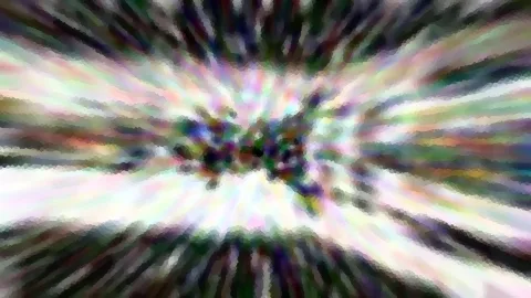 Abstraktes Bild mit farbigen, radial von der Mitte nach außen laufenden Streifen in Weiß, Grün, Rosa und Dunkelblau, im Zentrum ein dichter Knoten aus dunklen und bunten Flecken.