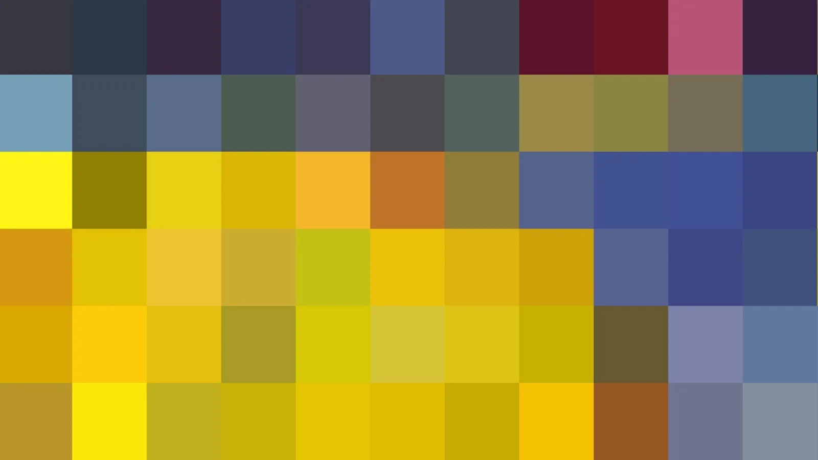 Pixelartiges Mosaik aus quadratischen Farbfeldern in Gelb, Ocker, Blau und Dunkelrot, oben dunkel, unten hell.