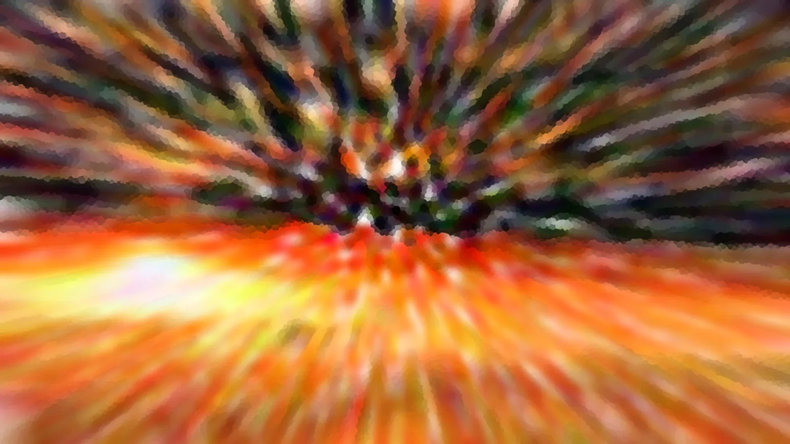 Abstrakte Komposition mit radialen Farbstrahlen in Orange, Gelb und dunklem Grün, die aus der Bildmitte nach außen laufen