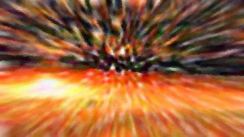 Abstrakte Komposition mit radialen Farbstrahlen in Orange, Gelb und dunklem Grün, die aus der Bildmitte nach außen laufen