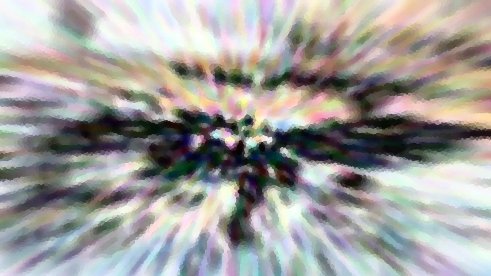 Abstrakte Komposition aus bunten, pastellfarbenen Streifen, die radial von einem dunklen Zentrum nach außen laufen, mit grobem Mosaikmuster.