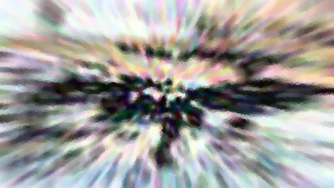 Abstrakte Komposition aus bunten, pastellfarbenen Streifen, die radial von einem dunklen Zentrum nach außen laufen, mit grobem Mosaikmuster.