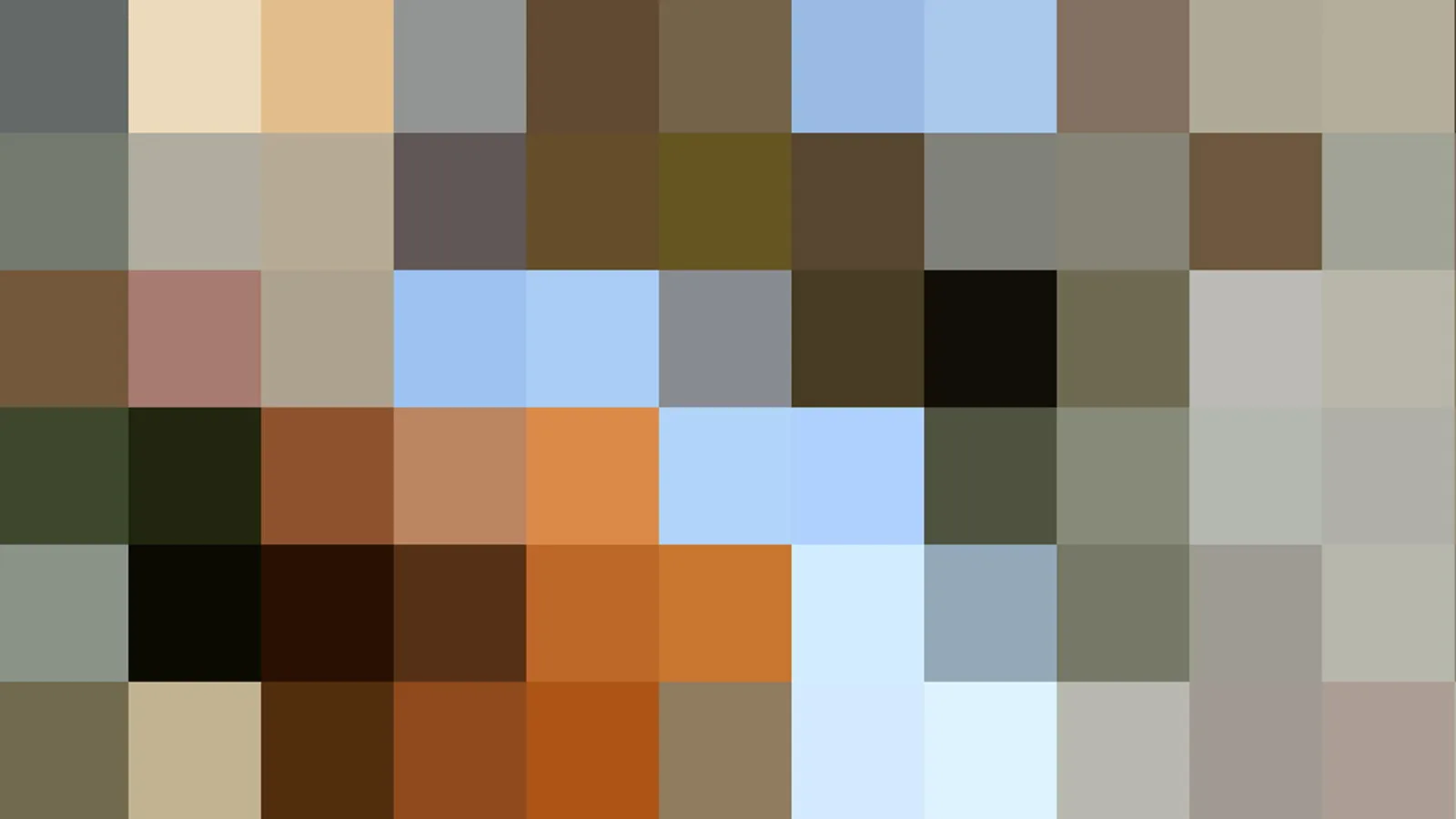 Abstraktes Mosaik aus rechteckigen Farbfeldern in Braun, Beige, Blau, Grün und Orange, dicht nebeneinander angeordnet.