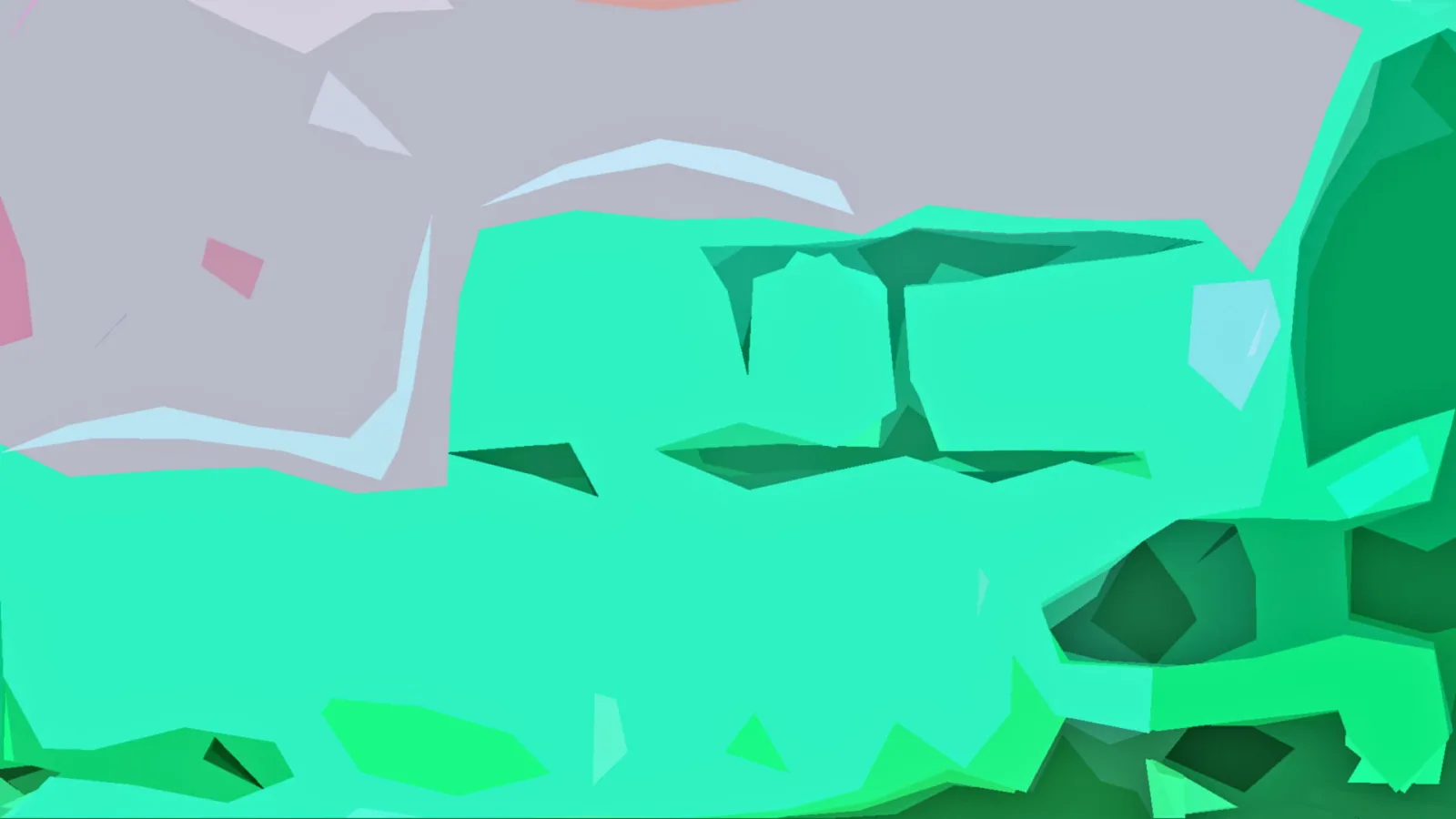Abstrakte Komposition aus mintgrünen, dunkelgrünen und grauen polygonalen Flächen mit hellblauen Akzenten